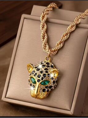Gold Leopard Head Pendant Necklace  and Earrings sets with green stone Stones